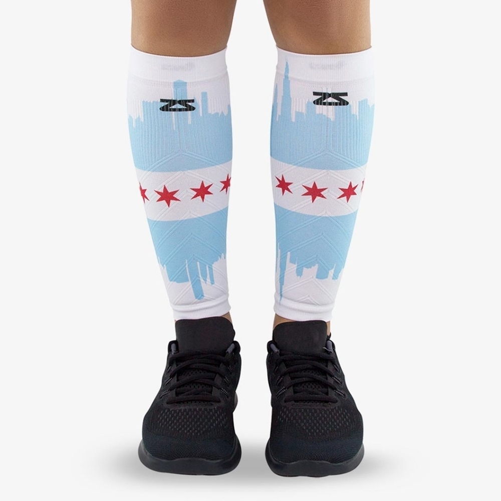 Zensah Chicago Flag Skyline Compression Leg Sleeves - White and Blue Marathon